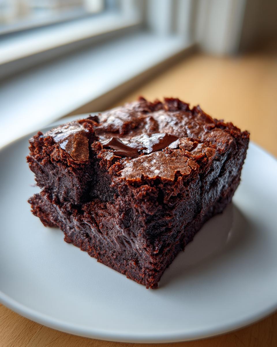 A close-up of a rich, fudgy slice of sweet potato brownies with a shiny, cracked top, served on a white plate.