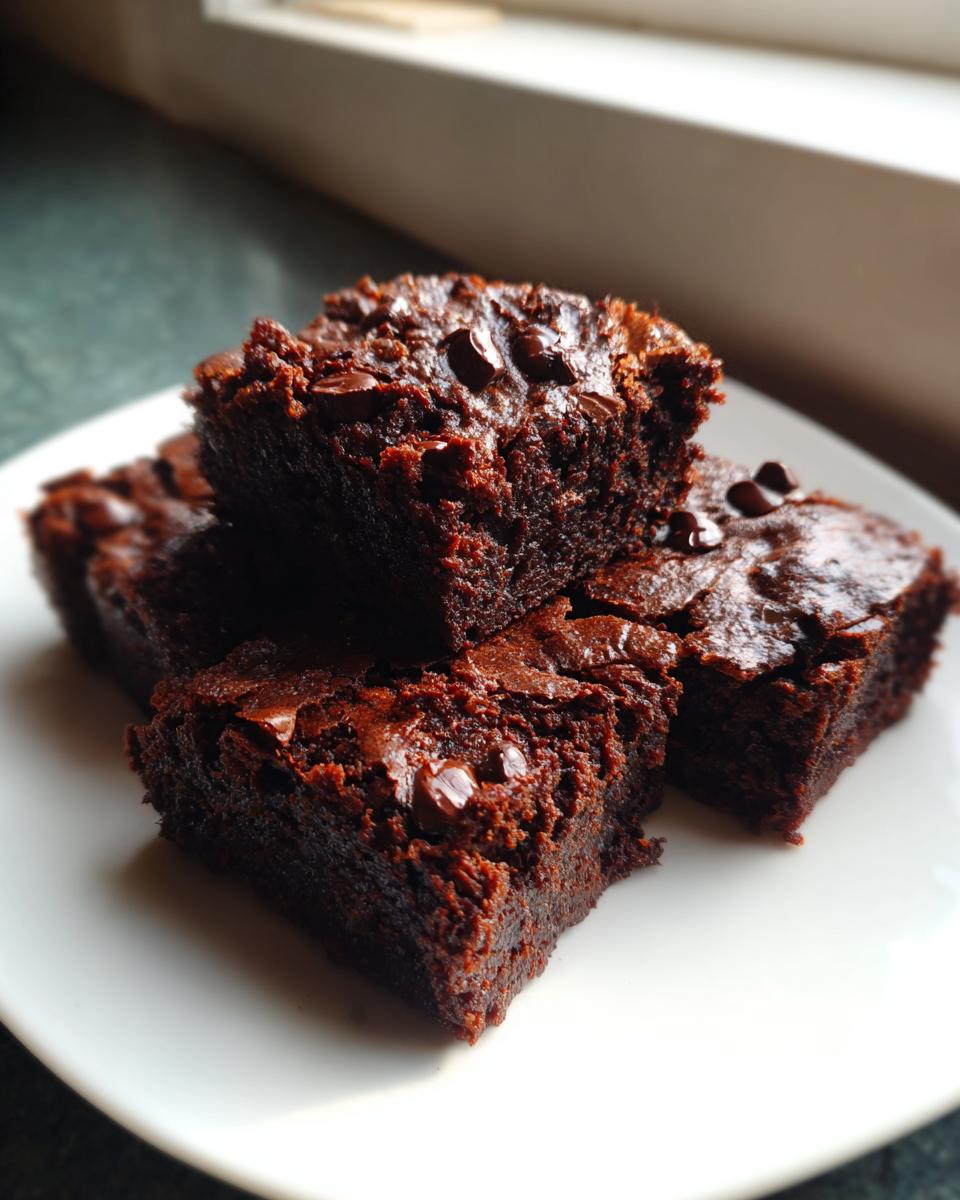 A stack of four rich, dark chocolate sweet potato brownies topped with melted chocolate chips on a white plate.