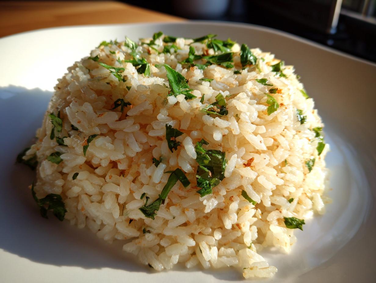A perfectly molded serving of fluffy garlic butter rice topped generously with fresh chopped green herbs.