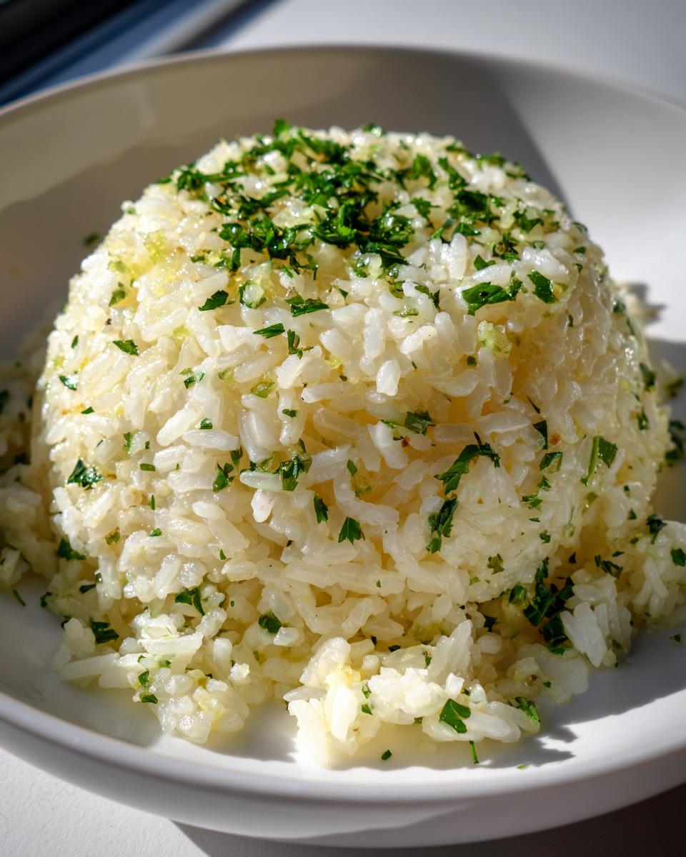 A perfectly molded serving of fluffy garlic butter rice topped generously with chopped fresh parsley.