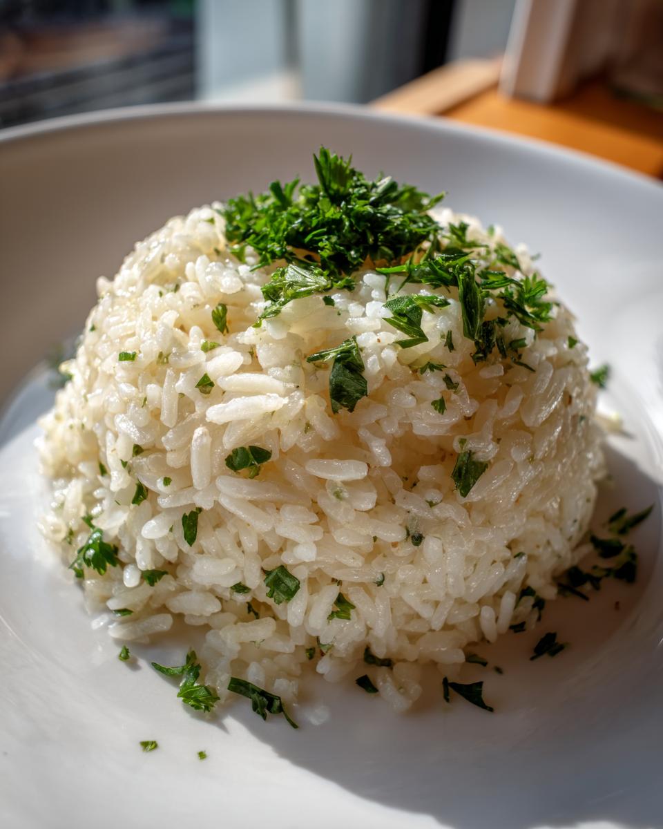 A perfectly molded serving of fluffy garlic butter rice topped with fresh chopped parsley on a white plate.