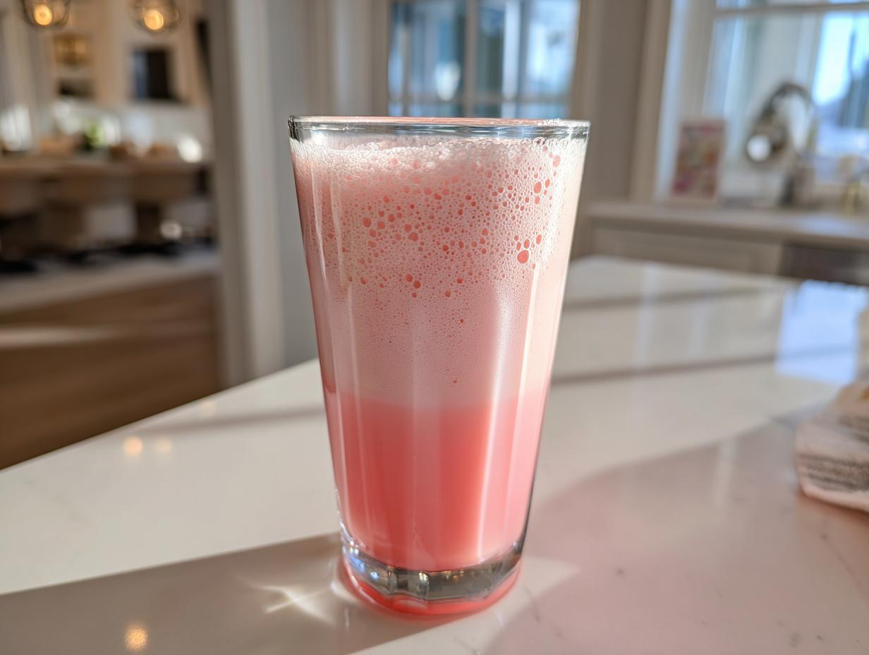 A tall glass filled with frothy, pink homemade strawberry milk sitting on a bright white kitchen counter.