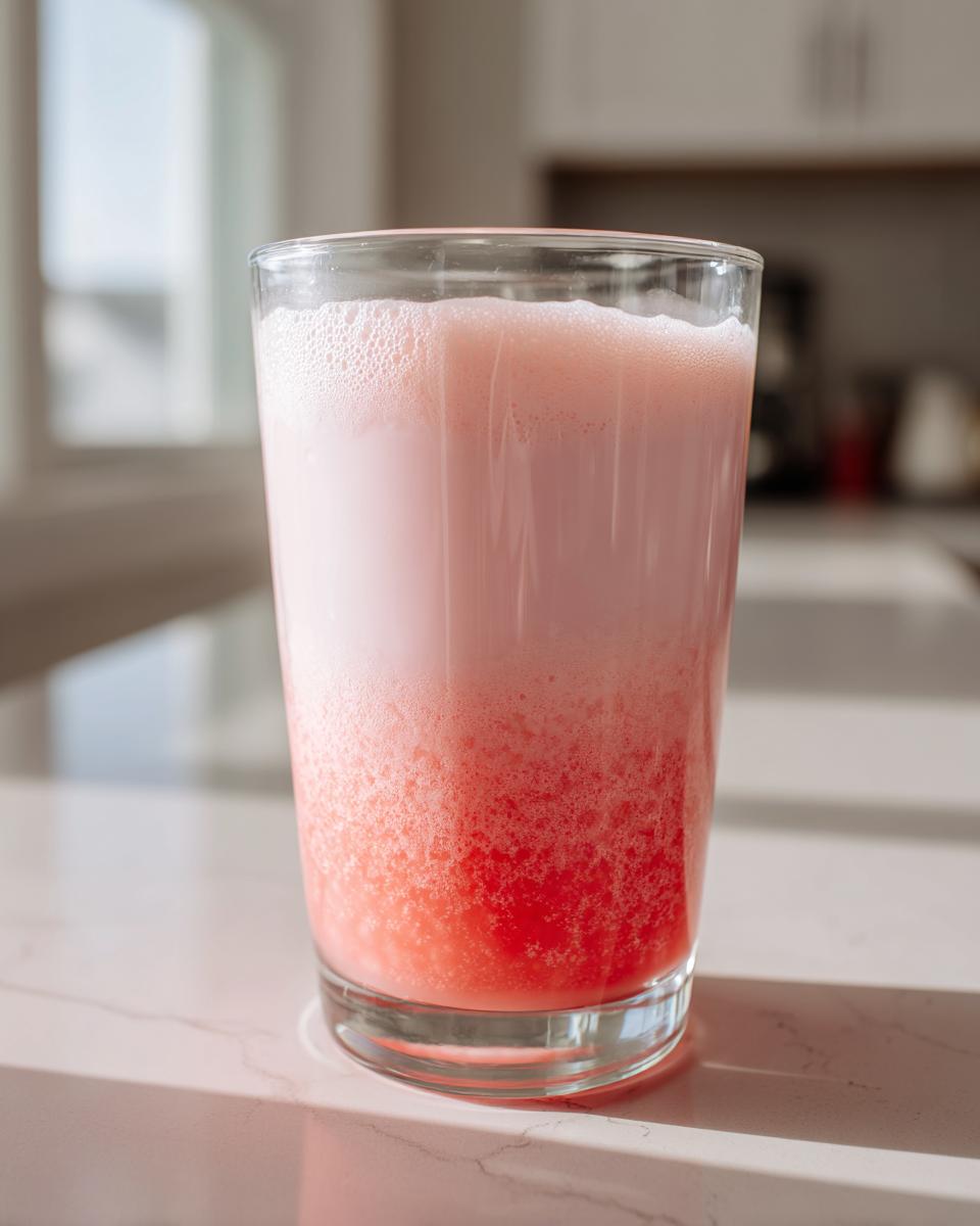 A tall glass showing layered strawberry milk, bright red at the bottom blending to pink and foamy white on top.