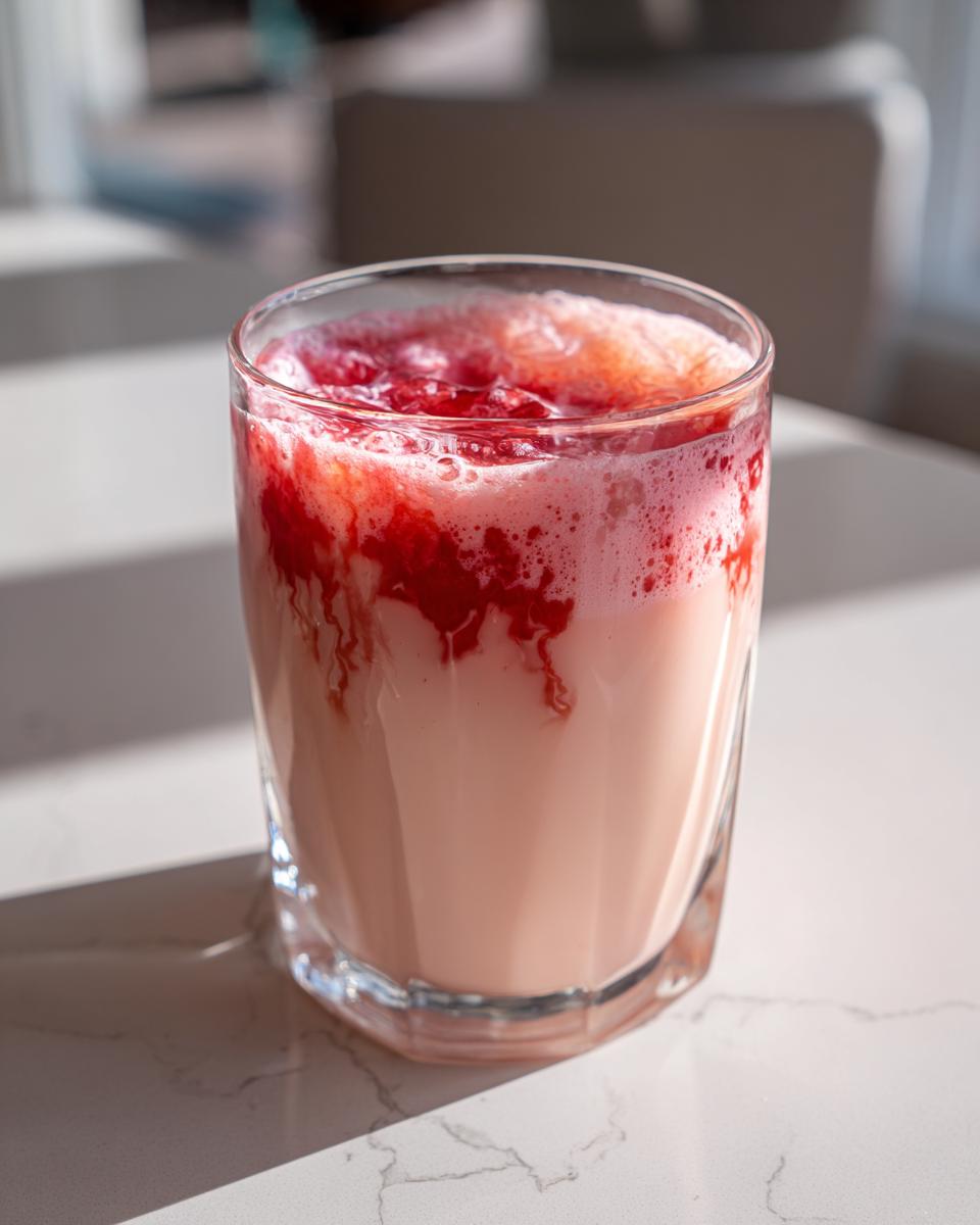 A tall glass filled with pink strawberry milk, topped with bright red strawberry syrup swirls.