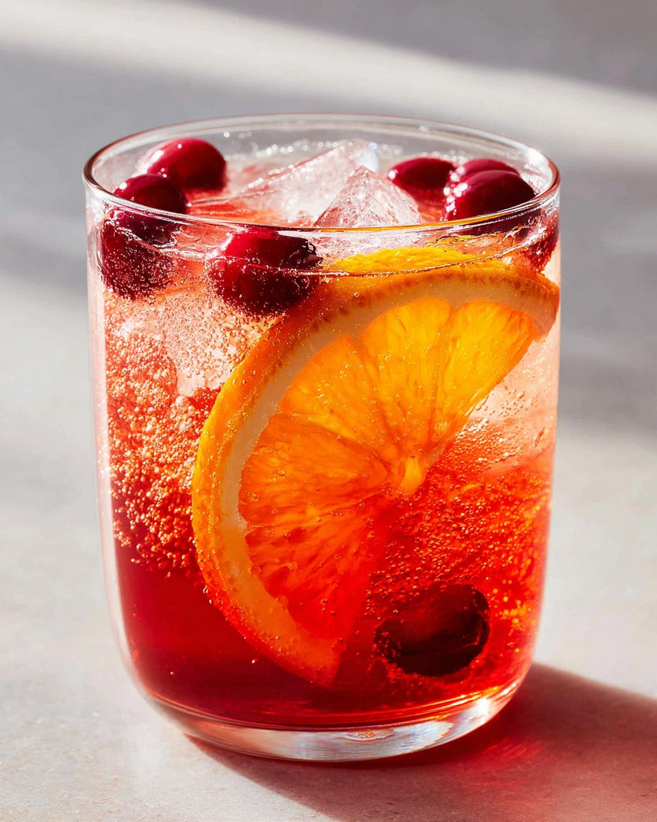 Close-up of a glass filled with bright red Thanksgiving punch, ice, an orange slice, and floating cranberries.