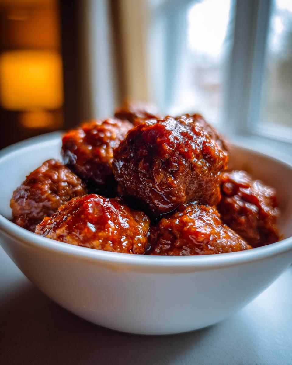 Close-up of glossy, sauce-covered cocktail meatballs piled high in a small white bowl.