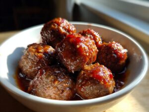 Close-up of several glazed cocktail meatballs soaking in a rich, dark sauce inside a small white serving bowl.