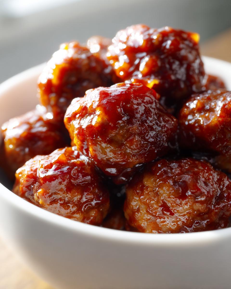A close-up shot of several shiny, saucy cocktail meatballs piled high in a small white bowl.