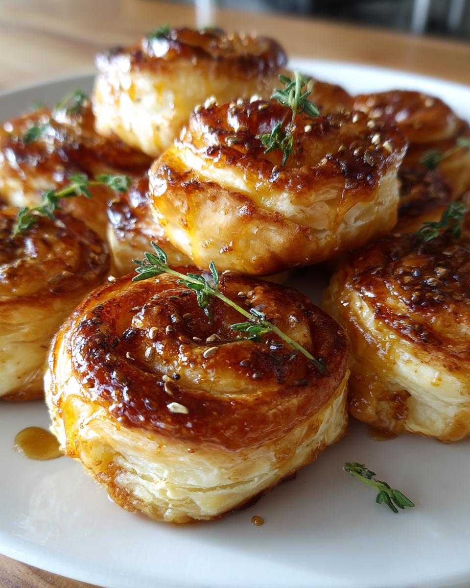 Close-up of several golden, flaky goat cheese and honey bites drizzled with glaze and garnished with fresh thyme.