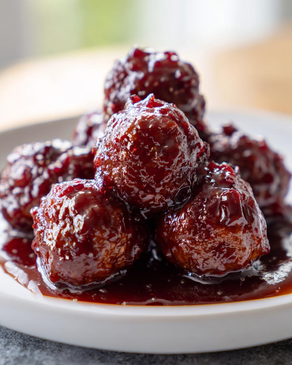 A close-up shot of several sticky, glazed grape jelly meatballs piled on a white plate with extra sauce.