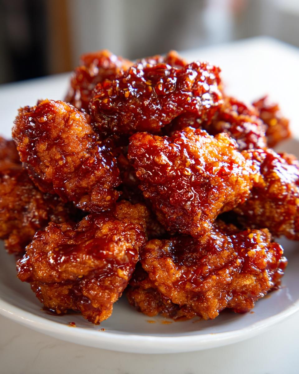 A pile of crispy, deep-fried chicken pieces coated in a thick, glossy, reddish-brown sauce, characteristic of korean fried chicken recipe.