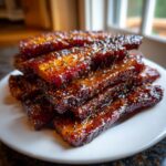 Close-up of a stack of thick-cut, glazed Millionaire bacon slices coated in spices on a white plate.