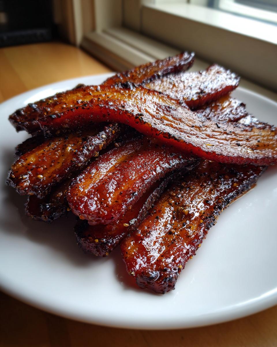 A stack of thick, glossy, caramelized Millionaire bacon strips seasoned with pepper on a white plate.