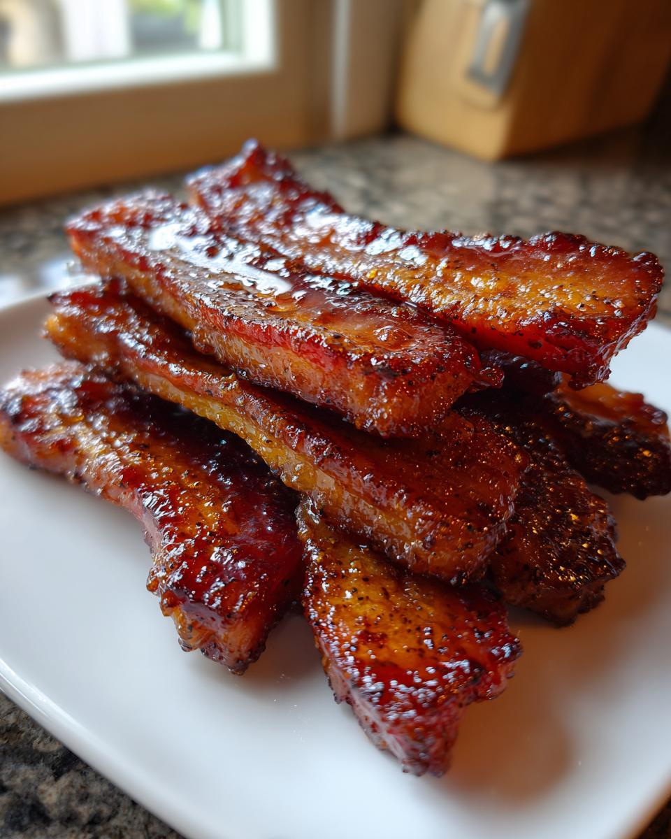 A stack of thick, glossy, candied Millionaire bacon slices piled high on a white plate.