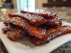 A stack of thick, glazed Millionaire bacon slices sprinkled with pepper on a white plate.
