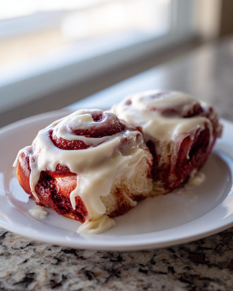 Close-up of two decadent red velvet cinnamon rolls generously topped with white cream cheese frosting.