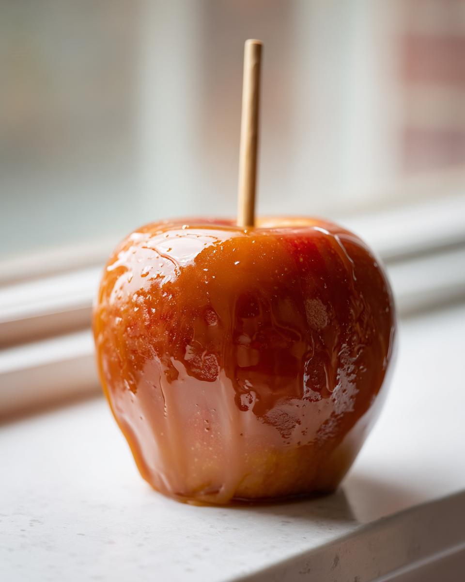 A single, glossy caramel apple with a wooden stick inserted, resting on a white surface near a window.