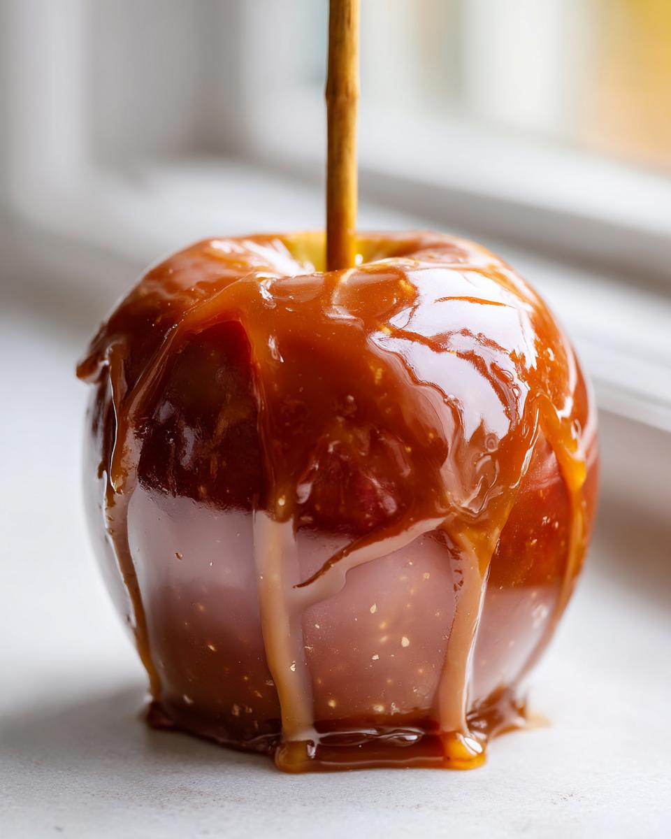 Close-up of a glossy, dripping caramel apple on a stick, ready to eat.
