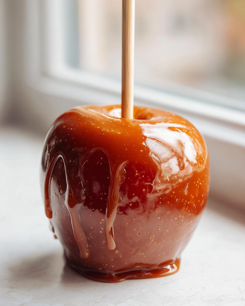Close-up of a glossy, dripping caramel apple on a wooden stick resting by a bright window.