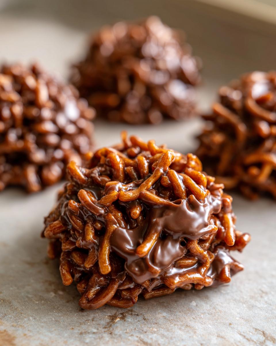 A close-up of a freshly made, glossy chocolate haystack cookie resting on a baking sheet.