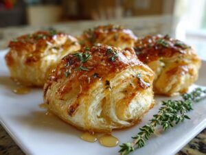 Four golden puff pastry goat cheese and honey bites drizzled with honey and topped with fresh thyme.