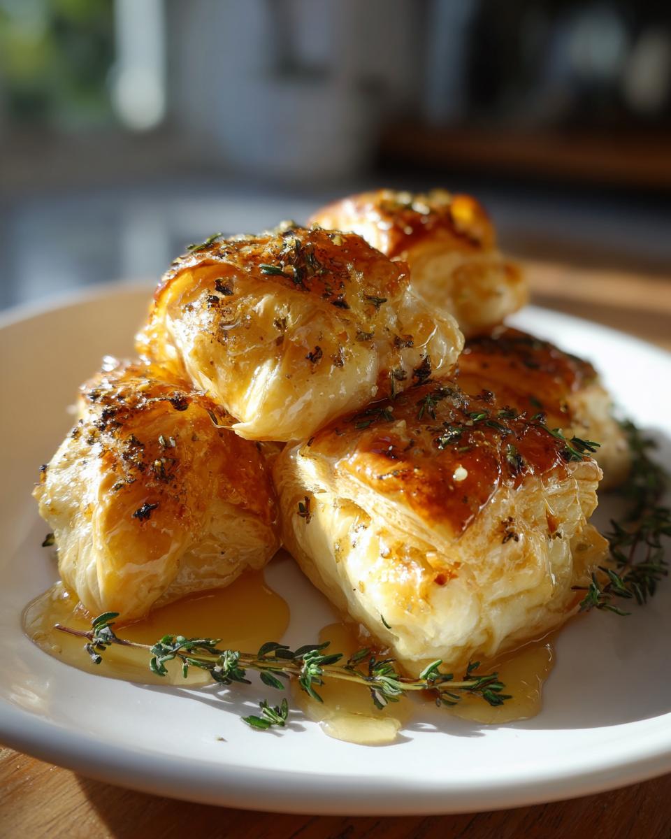 A stack of golden, flaky pastry goat cheese and honey bites drizzled with honey and herbs.