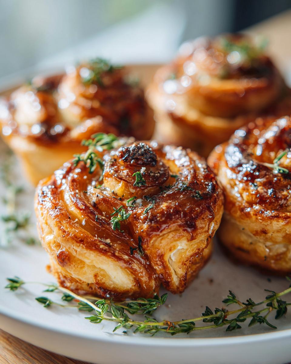 Close-up of four golden-brown goat cheese and honey bites made with puff pastry, garnished with fresh thyme.