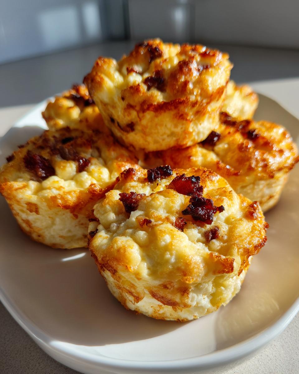 A stack of freshly baked, golden brown bacon and cheese egg bites sitting on a light-colored plate.