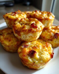 A close-up stack of freshly baked, golden brown egg bites topped with crispy bacon bits and black pepper.
