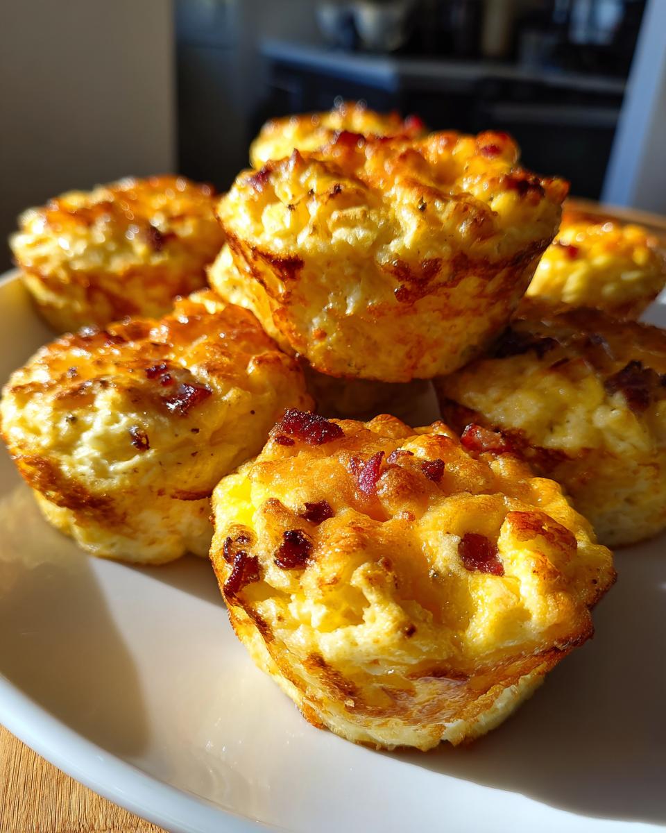 A stack of freshly baked, golden brown bacon egg bites with crispy edges on a white plate.