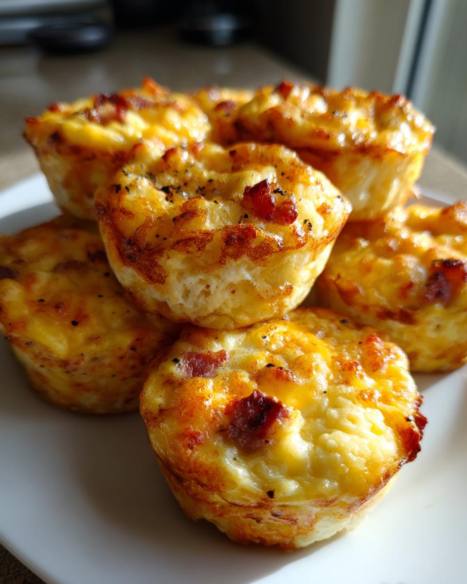 A close-up stack of freshly baked, golden brown egg bites topped with crispy bacon bits and black pepper.