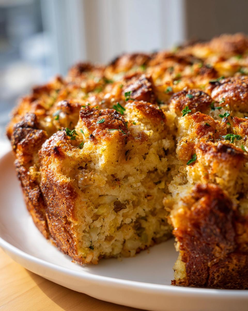 Close-up of a golden brown, baked 1-pan stuffing with a crispy top, served on a white plate.