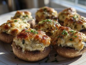 Close-up of several perfectly baked stuffed mushrooms with golden, melted cheese topping and fresh parsley.
