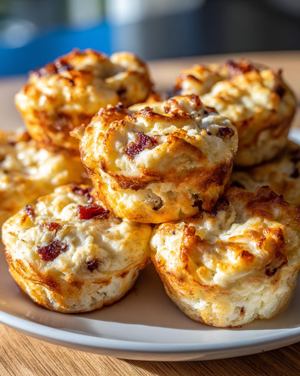 A stack of freshly baked, golden brown homemade egg bites with visible bits of bacon or meat topping.