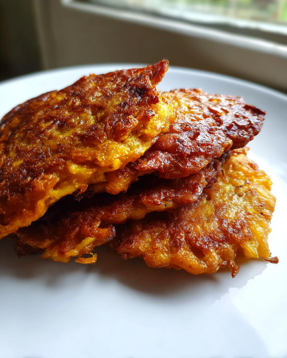 Close-up of a stack of freshly fried, golden brown potato latkes resting on a white plate.