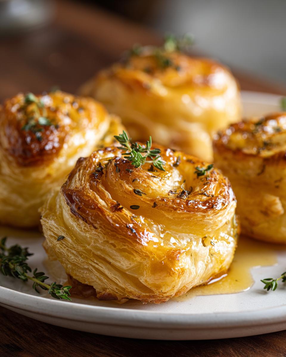 Close-up of golden, flaky baked goat cheese and honey bites drizzled with honey and topped with fresh thyme.