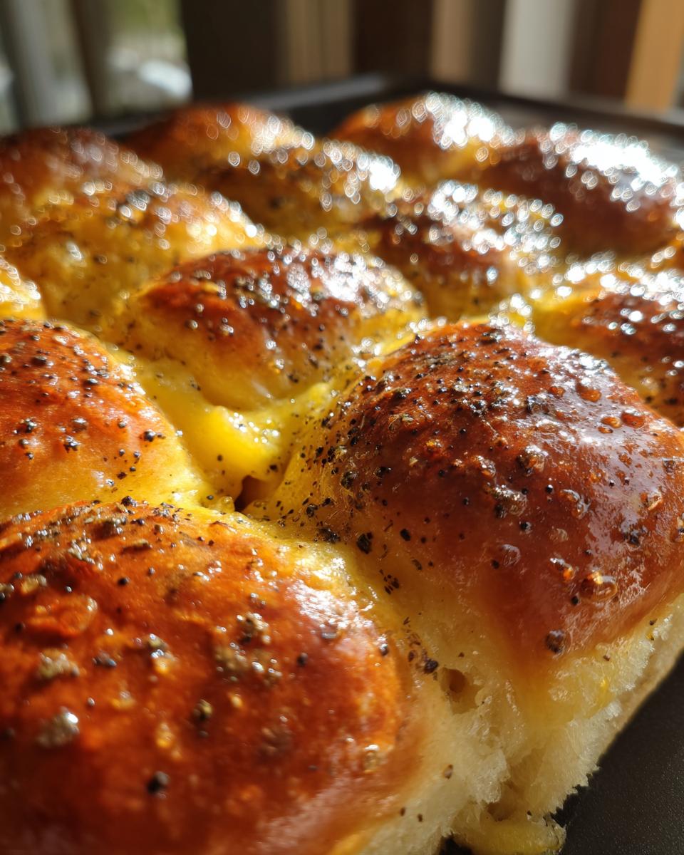 Close-up of freshly baked Ham and Cheese Sliders with a glossy, seasoned top and melted cheese oozing out.