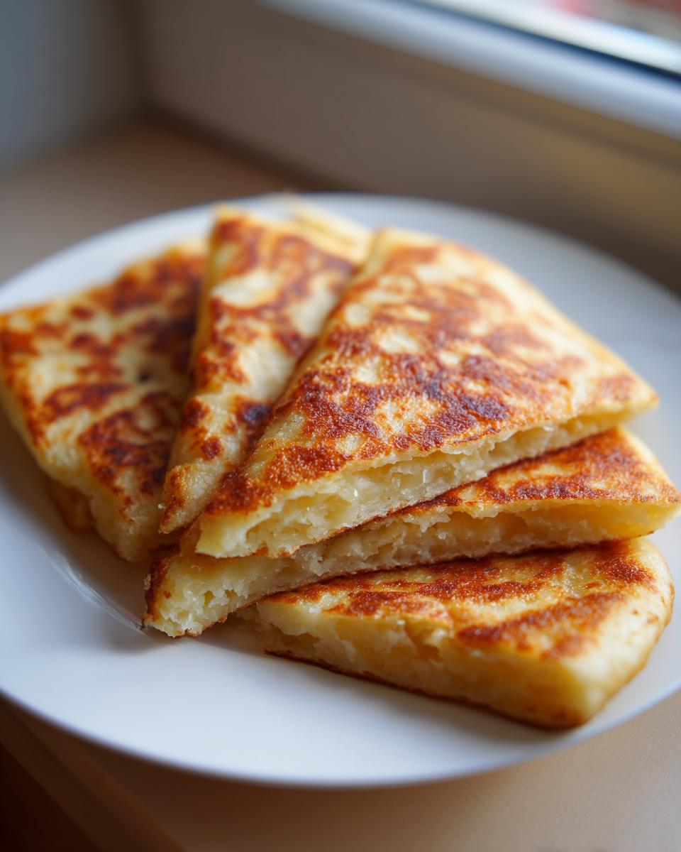 Four triangular slices of golden brown, pan-fried irish potato farls stacked on a white plate.