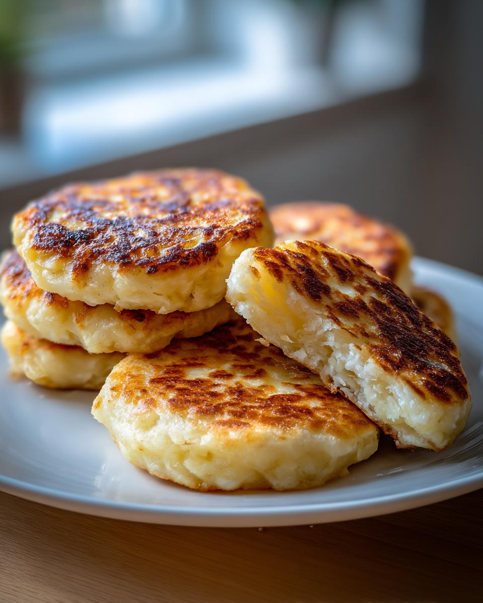 Stack of golden-brown, pan-fried irish potato farls on a white plate, one is broken open showing the texture.