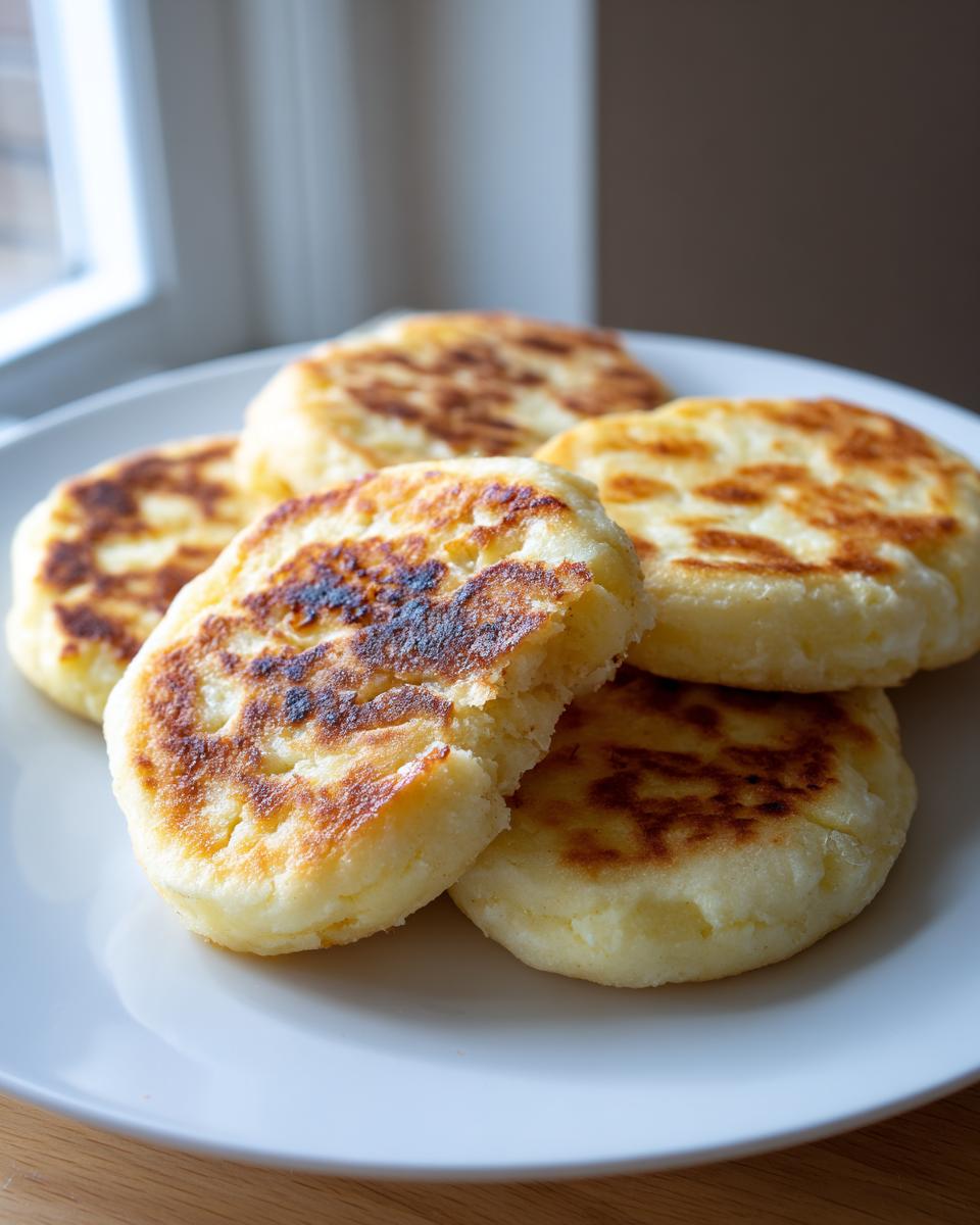 A stack of freshly cooked, golden brown irish potato farls resting on a white plate near a window.