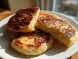 Close-up of several freshly cooked irish potato farls, golden brown and slightly charred, stacked on a white plate.