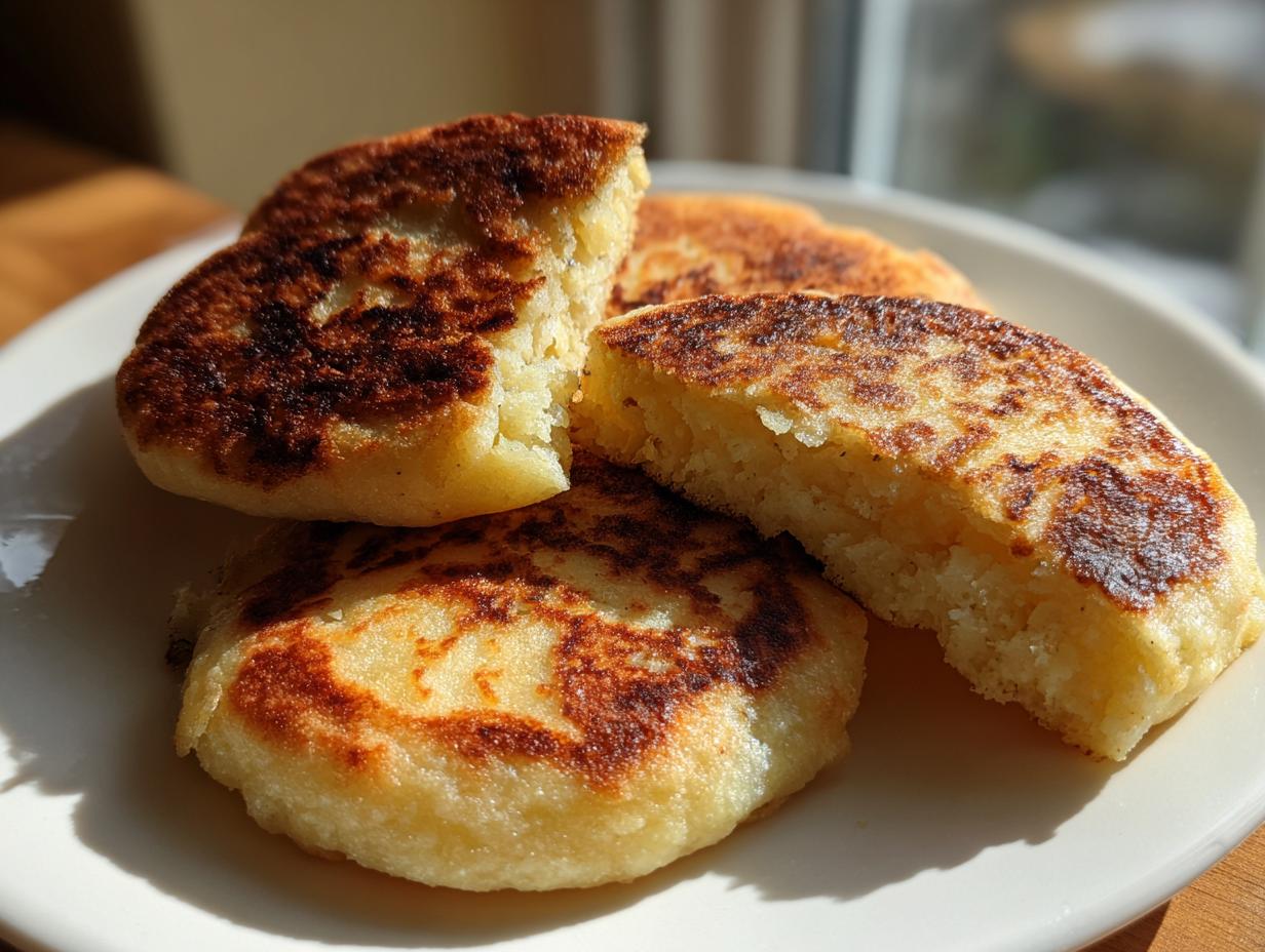 Close-up of several freshly cooked irish potato farls, golden brown and slightly charred, stacked on a white plate.