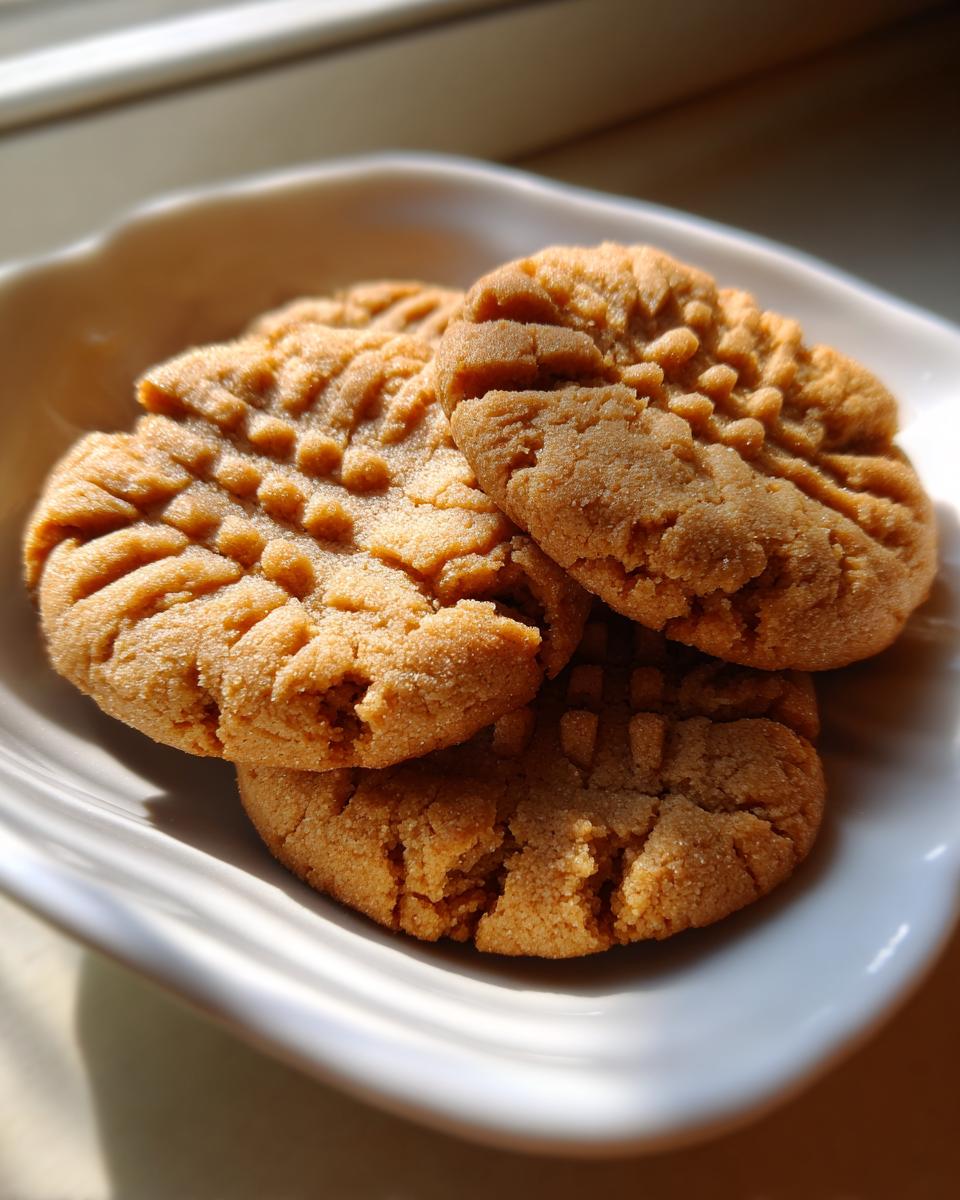 Close-up of three golden brown peanut butter cookies stacked in a white dish, featuring classic fork marks.