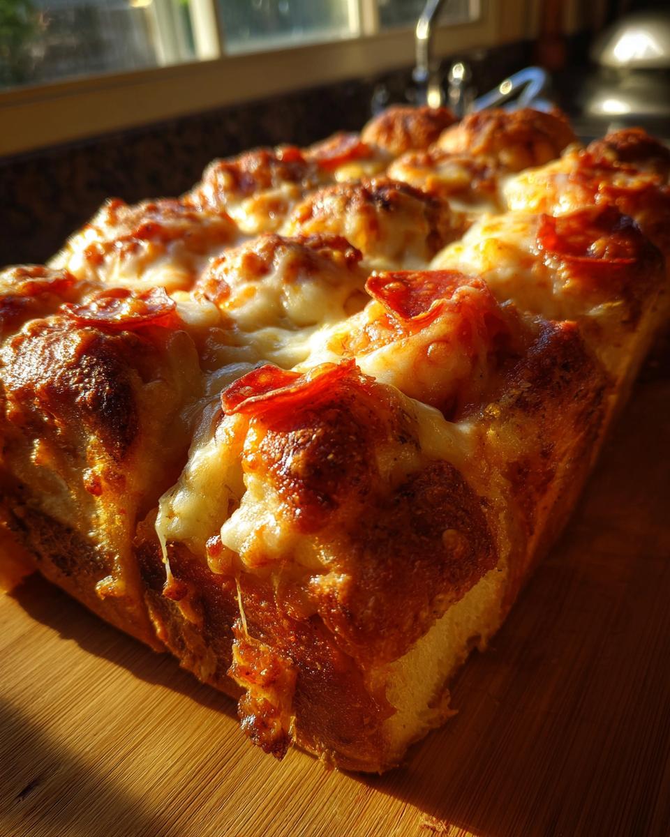 Close-up of freshly baked pepperoni pizza sliders with melted, browned cheese on a wooden cutting board.