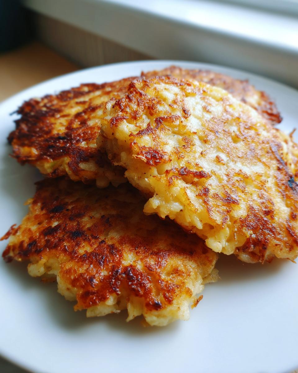 Close-up of three crispy, golden brown potato latkes stacked on a white plate near a window.
