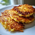 A stack of three perfectly golden brown, crispy potato latkes served on a white plate.