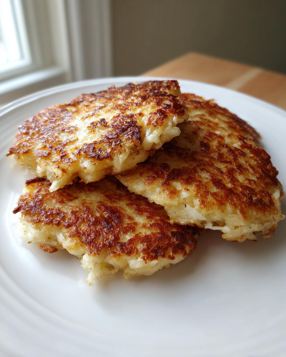 A close-up of three golden-brown, crispy potato latkes stacked slightly on a white plate.