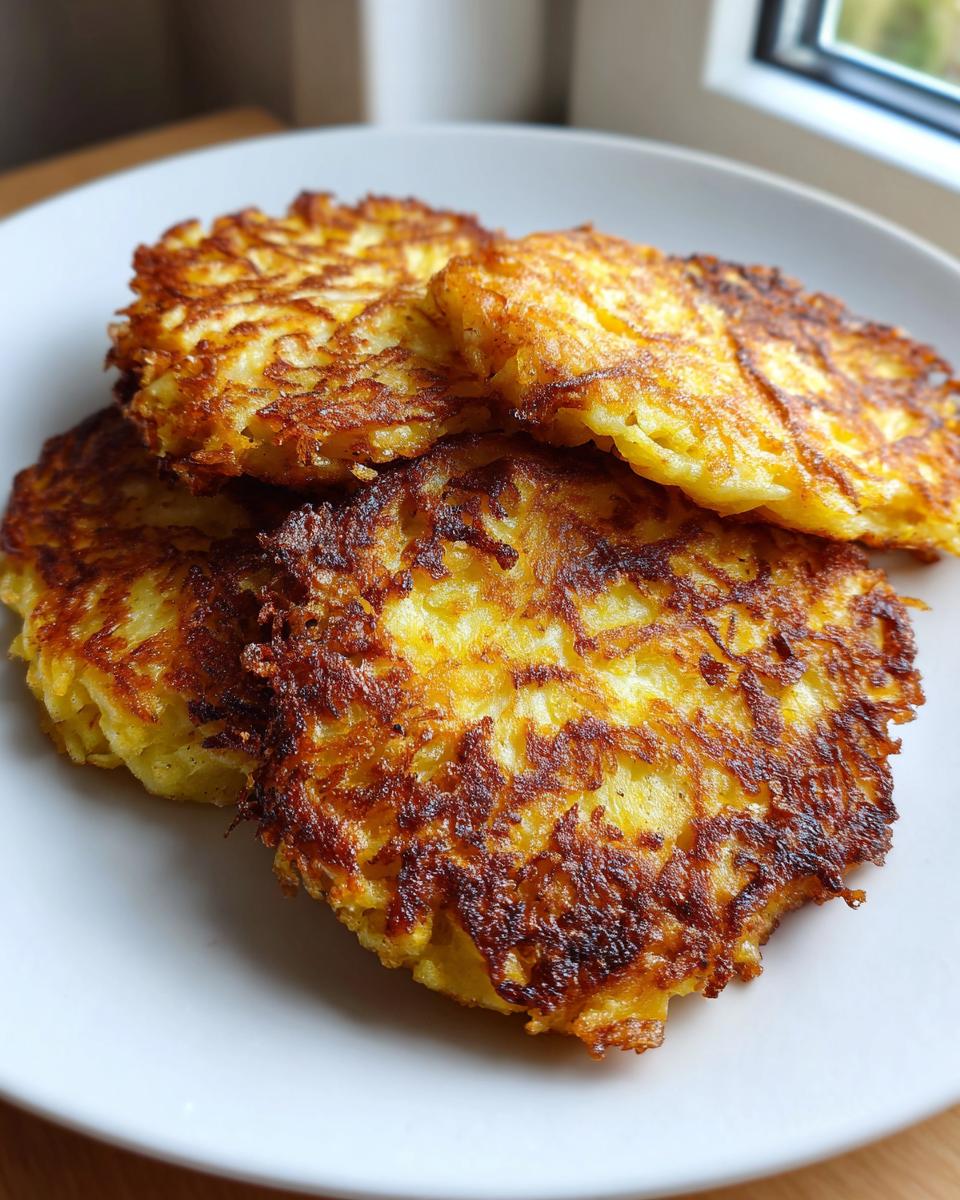 A close-up of four perfectly pan-fried, golden brown potato latkes stacked on a white plate.