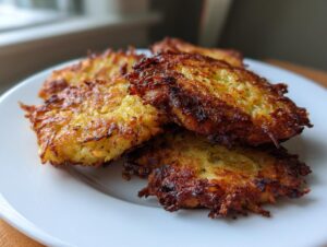 A stack of crispy, golden brown potato latkes piled on a white plate, perfectly fried.