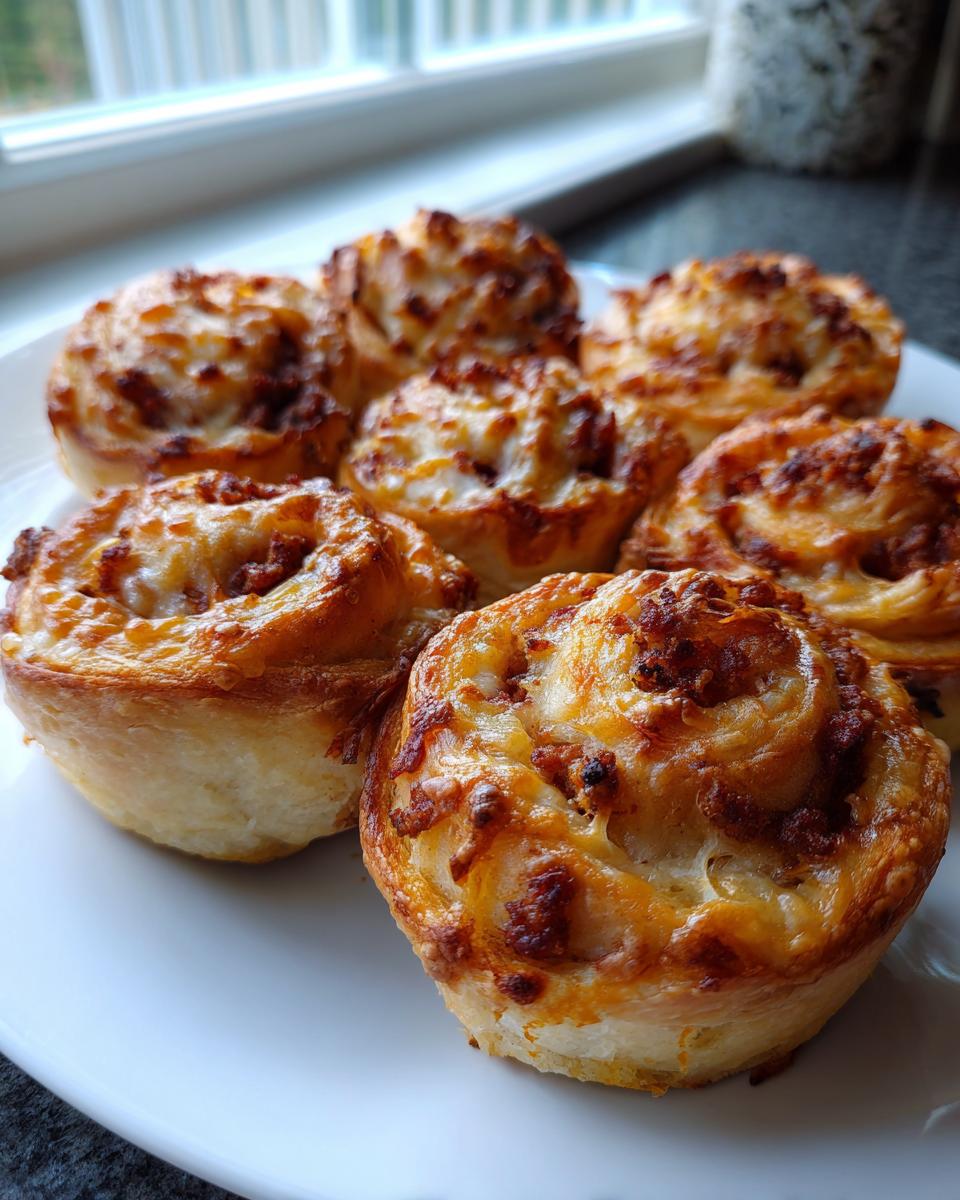 A plate of freshly baked, golden brown sausage pinwheels topped with melted, browned cheese.